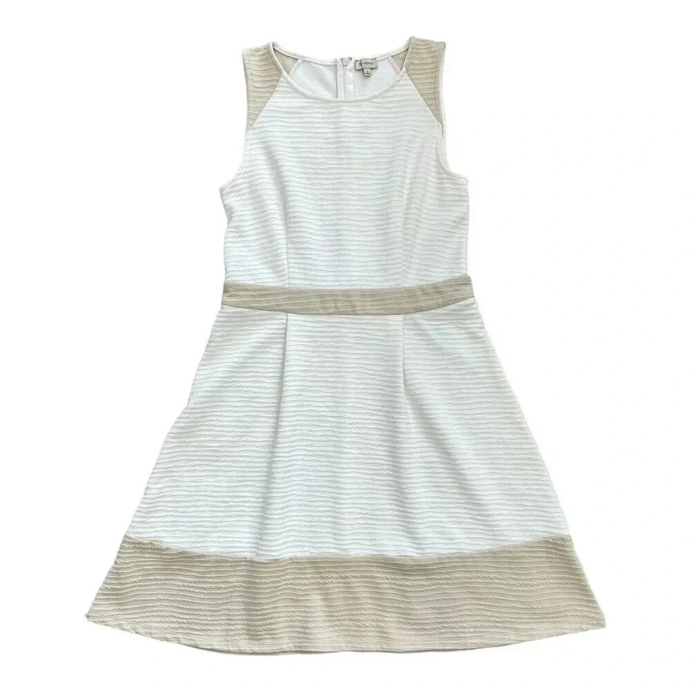 Cremieux White Beige Textured Sleeveless A-line Dress S